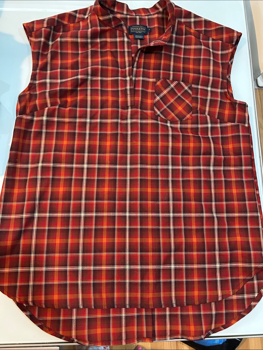 Pendleton orange burgundy  plaid Sleeveless virgin wool top with Nehru collar